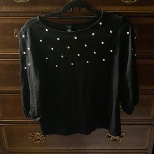 Ann Taylor faux pearl beaded black top - size small